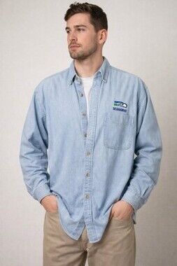 Seattle Seahawks Embroider Chambray Button Up Shirt Light Blue Denim Nutmeg Mill
